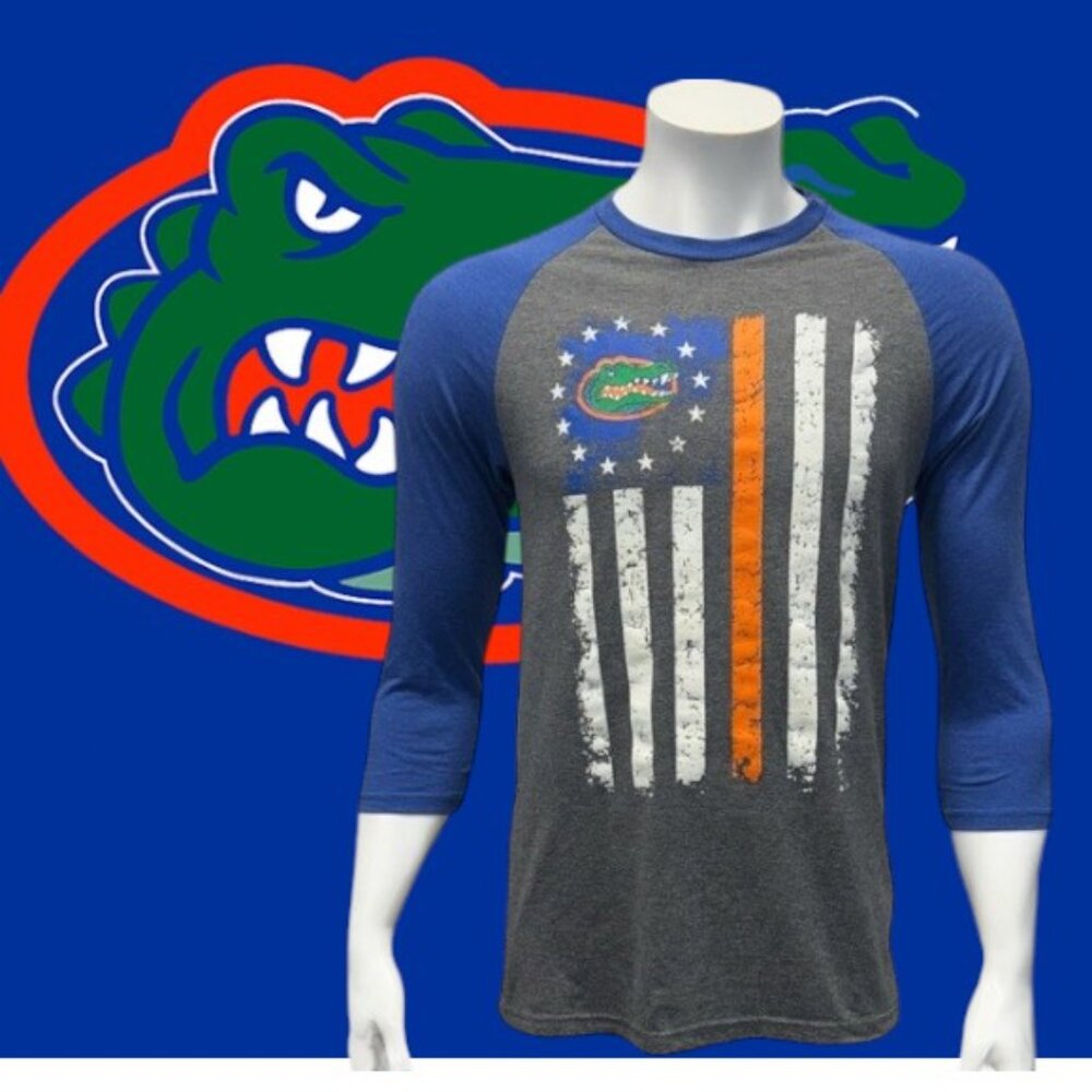 University of Florida Gators Blue Gray Orange 3/4 Sleeve Raglan T-Shirt Medium